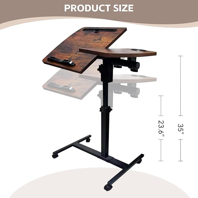 Overbed Table with Wheels Adjustable Height, Tiltable Desktop with Tray, Over Bed Table Rolling Bedside Tables, Medical Mobile Standing Desk, for Hospital Office Bedroom Sofa, Brown