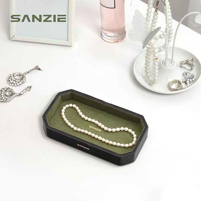 SANZIE Leather Tray Organizer Small Trays Decorative Tray Desktop Storage Premium Serving Tray Valet for Sundries Cosmetics Keys Phone Wallet Cutlery (Black, Small)