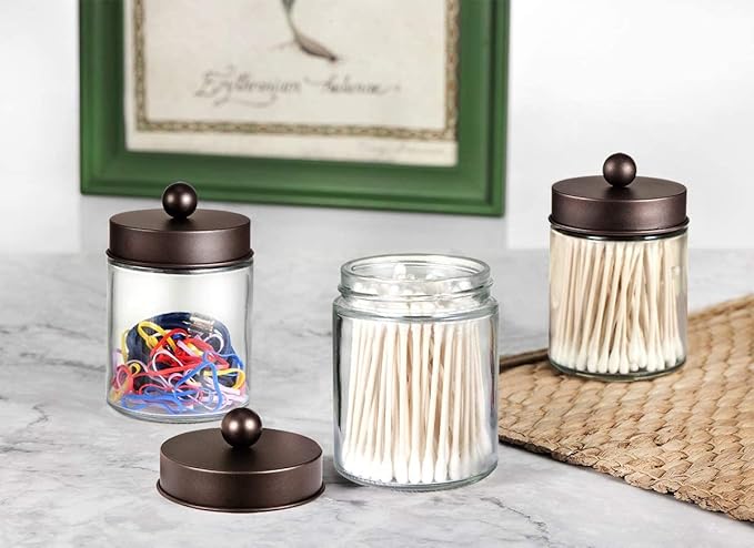 Amolliar 6Pc Apothecary Jars Bathroom Vanity Organizer- Rustic Farmhouse Decor Storage Canister with Stainless Steel Lids- Qtip Dispenser Holder for Q-Tips,Cotton Swabs,Rounds,Ball,Flossers (Bronze)