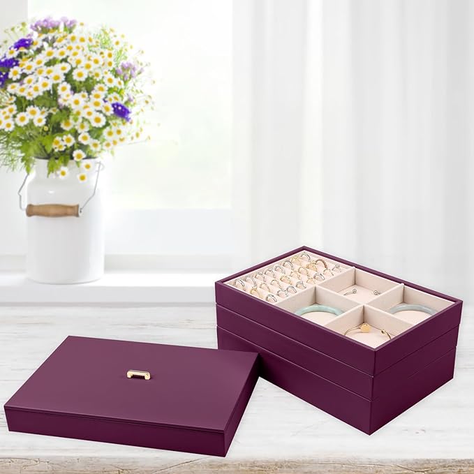 Voova Stackable Jewelry Organizer Tray with Lid, PU Leather Jewelry Storage Holder for Drawer Inserts, Jewellery Display Box Case for Earring Necklace Ring Watch Bracelet (Set of 4, Purple)