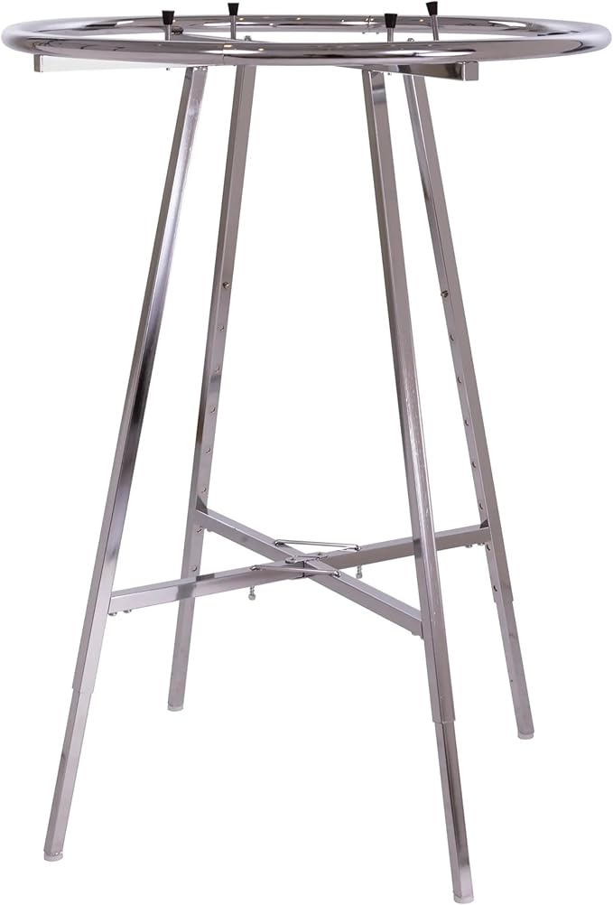 Econoco Folding Round Garment Rack, Adjustable Height Retail Display, Chrome Finish (36" Rack with Glass Shelf Topper)
