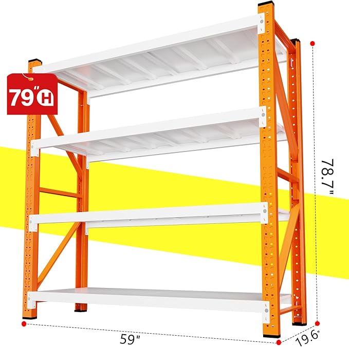 79" H Garage Shelving,3500LBS Heavy Duty Storage Rack,4 Tiers Metal Storage Rack Shelf, Adjustable Shelving Unit for Garage,Kitchen,Warehouse,Basement,78.7" H x 59" W x 19.6" D,Orange&White