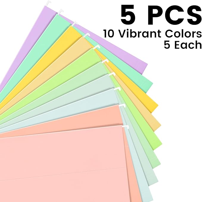 50-Pack Pastel Hanging File Folders, Letter Size with 55 Transparent Label Cards, 60 Sticker Labels,1/5-Cut Tabs–Home Office & Filing Cabinets