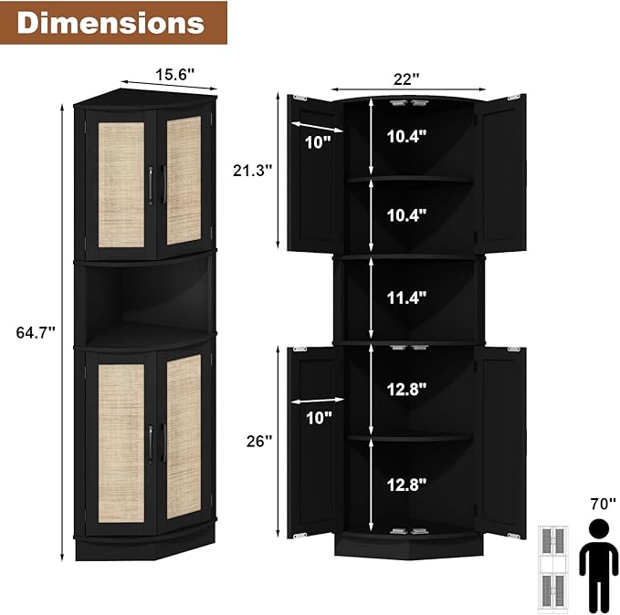 Tall Corner Cabinet, 64.7" Rattan Corner Storage Cabinet with 4 Doors and 5 Storage Shelves, Farmhouse Space Saver, Boho Shelf for Living Room, Kitchen, Bathroom, Office, Rustic Black