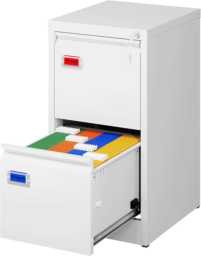 2-Drawer File Cabinet, 16.3" Deep Vertical Filing Cabinet with Lock, Metal File Cabinet for Home Office, Anti-Tip 2 Storage Drawers for Letter/Legal/A4/F4 Size (Assemble Required, White)