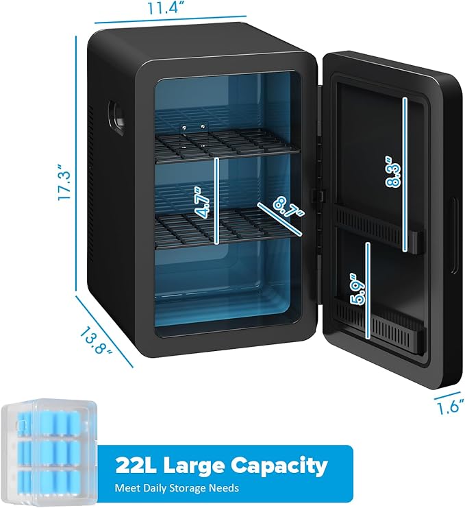 22L/30Cans Mini Fridge for Bedroom, 12v DC Portable Cooler & Warmer, Mini Refrigerator with Glass Front, for Car Office Desk & Dorm Food Beverage Skincare Makeup (Black)