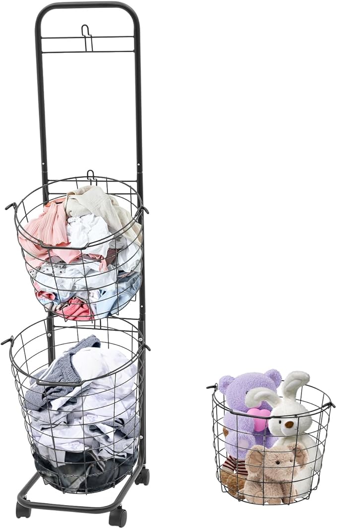 3-Tier Rolling Laundry Hamper with Removable Baskets, Metal Sorter Cart with Lockable Wheels, Space-Saving Clothes Organizer for Bedroom Bathroom Closet (Black)