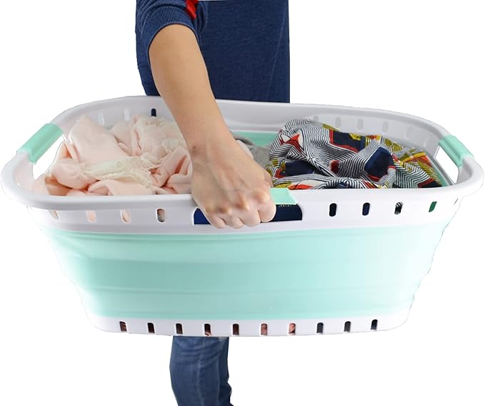 SAMMART 44L (11.62 gallon) Collapsible Plastic Laundry Basket - Foldable Pop Up Storage Container/Organizer - Portable Washing Tub - Space Saving Hamper/Basket (1, White/Light Green)