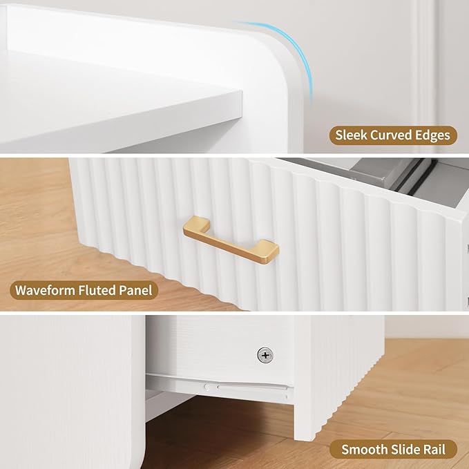 Night Stand with Charger Station, Fluted Nightstands Set of 2 with Drawer, Modern Bedside Table Set of 2, Wide Nightstands for Bedroom, Mid Century Wooden Night Stands for Home Sofa Couch