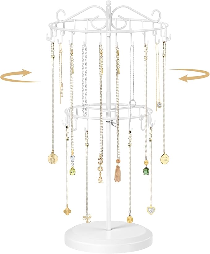 MODOWEY Rotating Necklace Holder Organizer Display Stand with 42 Hooks, 2 Tier Adjustable Metal Tree for Long Necklace Hanger Selling, Tall Spinning Bracelet Storage Rack for Men Women, White