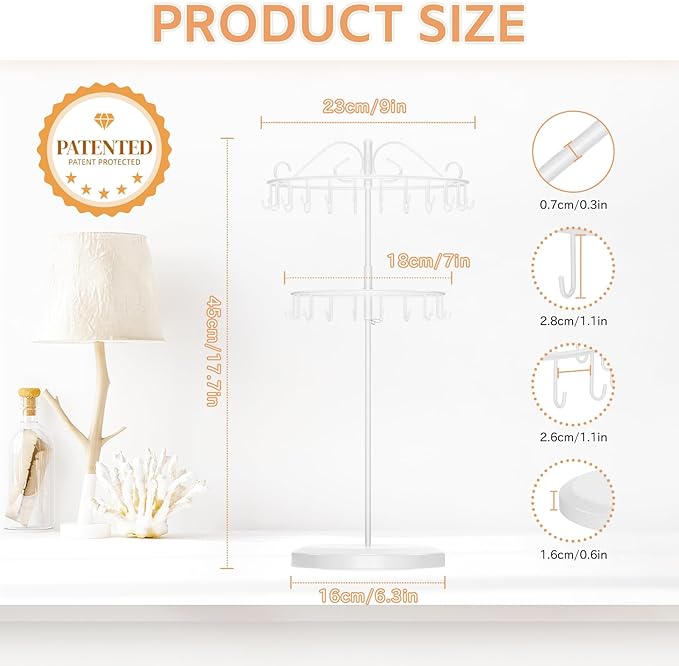 iDavosic.ly 2 Tier Rotating Necklace Holder Organizer with 42 Hooks, Adjustable Metal Bracelet Display Stand Rack, Extra Tall Keychain Spinning Tree Tower for Women, White
