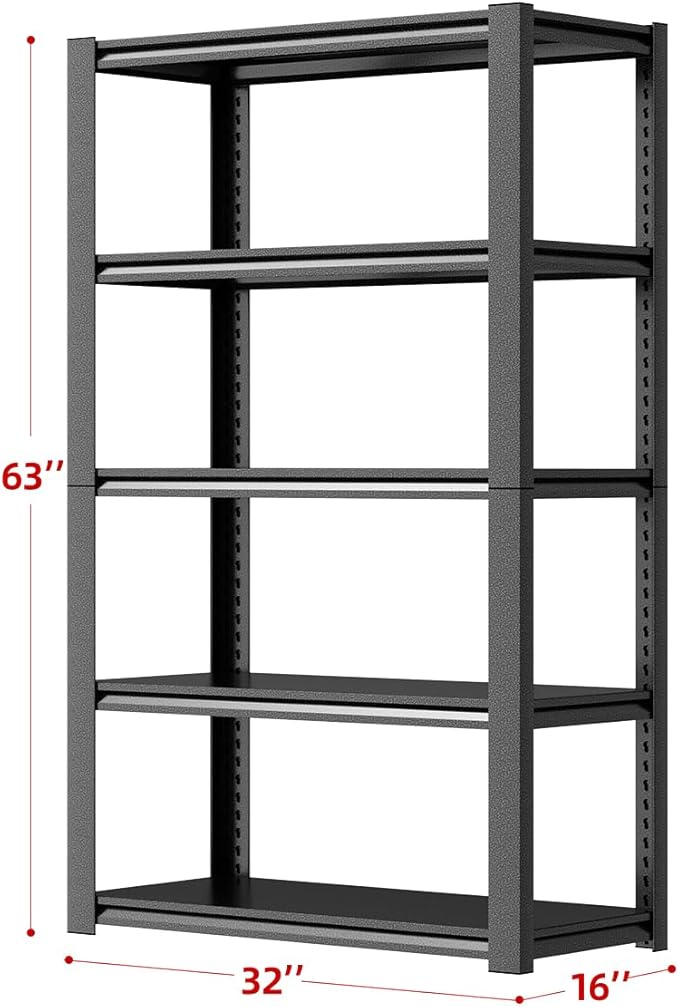 32" W Garage Shelving,5-Tier Heavy Duty Shelving Unit,3000LBS Adjustable Metal Storage Shelves,Storage Rack Units for Industrie,Shed,Warehouse,Basement,Black,32" W x 16" D x 63" H