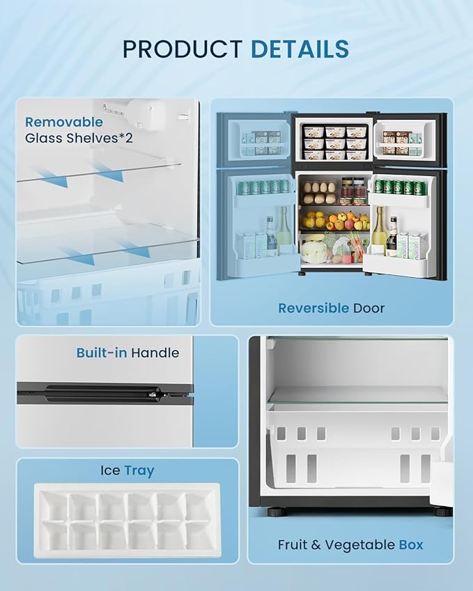 3.2 Cu.Ft Mini Fridge with Freezer - 2 Door Small Refrigerator, Mini Refrigerator with Adjustable Thermostat, Removable Shelves, Mini Fridge for Bedroom, Office, Dorm, Apartment, Silver