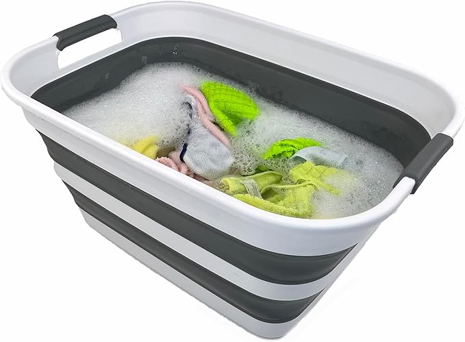 SAMMART Collapsible Plastic Laundry Basket with Dual Grip Handles 27L (7.1 Gallons) -Foldable Pop Up Storage Container/Organizer - Portable Space Saving Washing Tub/Hamper (1, White/Steel Grey)