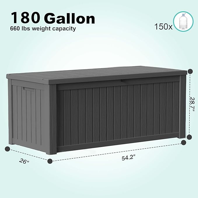 180 Gallon Outdoor Deck Box,Storage Lockable Waterproof Patio Furniture,Garden Tools,Cushions,Pool Accessories Outside Storage Resin Box(Black)