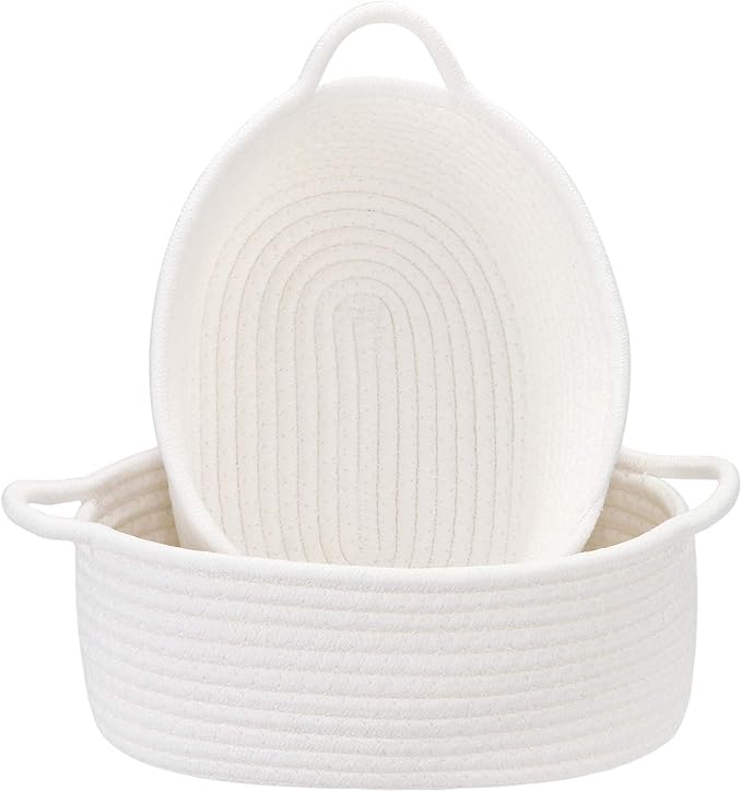 Sea Team 2-Pack Cotton Rope Baskets, 10 x 7 x 4 Inches Small Woven Storage Basket, Fabric Tray, Bowl, Oval Open Dish for Fruits, Jewelry, Keys, Sewing Kits (White)