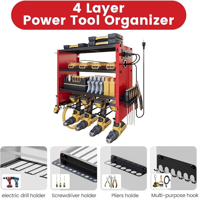 4 Layers Power Tool Organizer Wall Mount with Power Strip, Heavy Duty Metal Tool Shelf, 400lbs Capacity for Cordless Drills, Batteries & Garage Storage (4 Slots with 2 Outlets Power Strip)