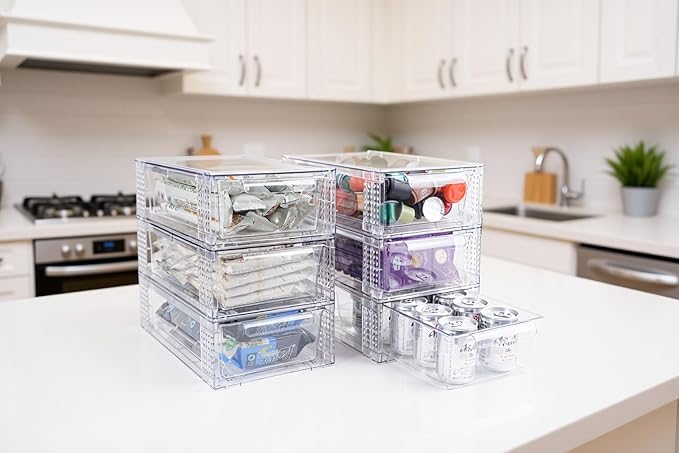 4 Pack Clear Stackable Storage Drawers, 3.95" H Easily Assemble Acrylic Organizer Bins - Multi-Use for Make up, Closet, Pantry, Bathroom, Medicine, Kitchen Cabinet & Undersink Organization