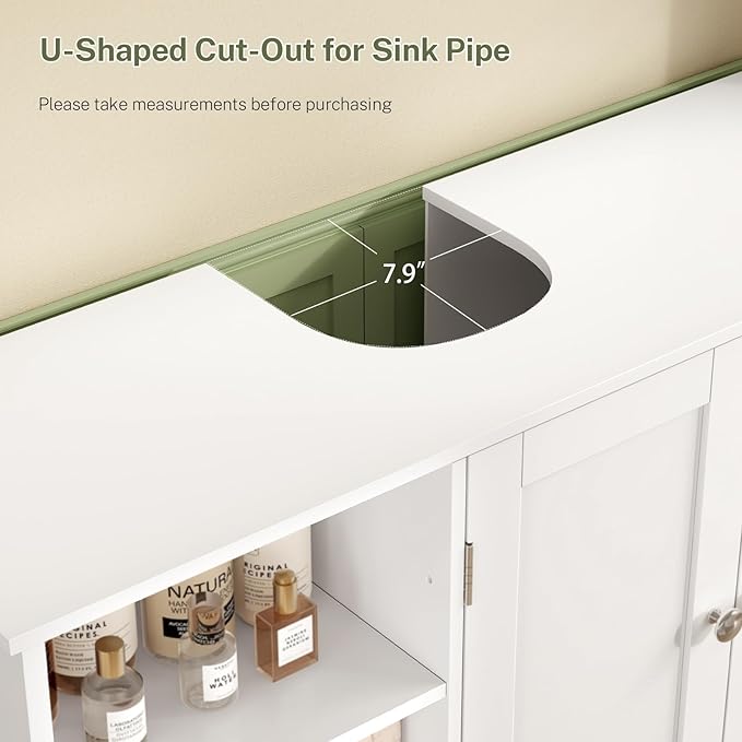 TEENFON 35.4" Pedestal Sink Storage Cabinet with 2 Doors and Adjustable Shelves, Bathroom Sink Cabinet, Under Sink Storage with U-Shape Cut-Out, White