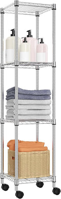 Storage Shelves Adjustable, 4 Tier Shelving Units for Storage with Wheels, Corrosion Resistant Wire Shelving Unit for Kitchen Closet Bathroom Office, Chrome 11.8" D x 11.8" W x 48.1" H