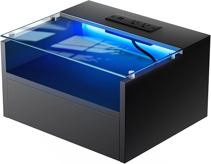 Loomie Black Floating Nightstands Set of 2, 18.9” Bedside Table w/Charging Station and LED Light, Floating Shelf with Drawer, Wall Mounted Night Stand for Bedroom, Entryway Wall.
