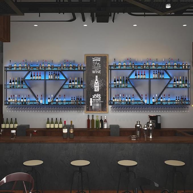 79in Large Wall Mounted Wine Rack 4 Tier Metal Wine Bottle Holder Modern Diamond Design Floating Bar Liquor Bottles Storage Rack for Home Restaurant Bar Decorative (Black, 4 Tier - 79in)
