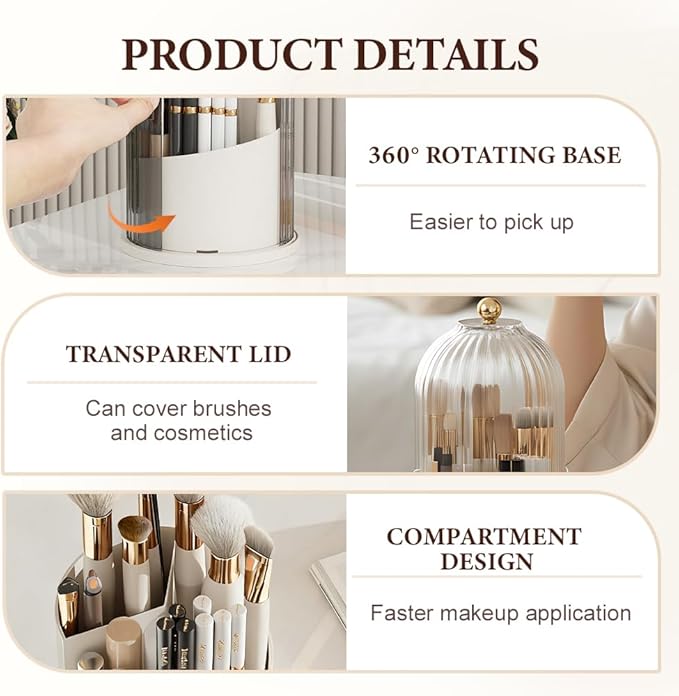 Covered 360° Rotating Makeup Brush Holder, Makeup Organizers with Lid, Clear Cover Brush Holder with Transparent Door Lid for Desktop, No Dust Toothbrush Holders for Vanity and Bath (Clear black)