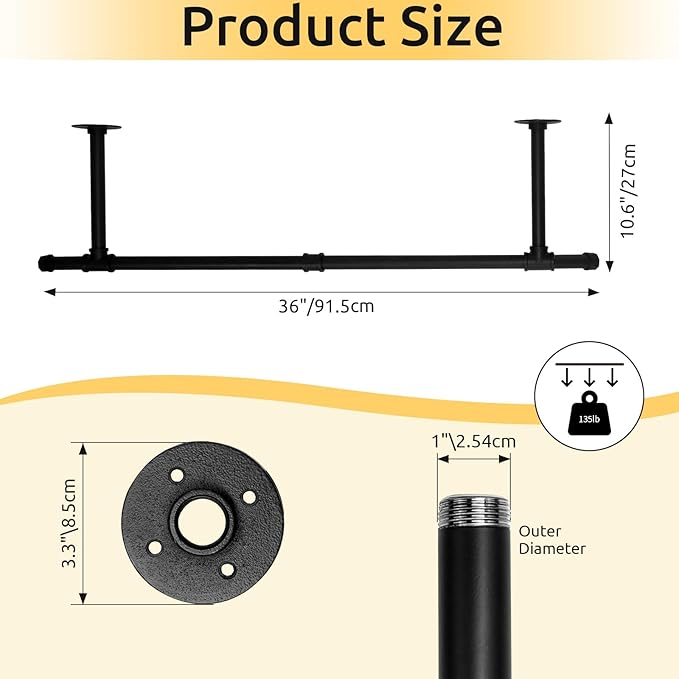 36 inch Industrial Pipe Clothes Rack Wall Mount For Hanging Rod Bar for Laundry Room Up to Max Load 135Lb Black