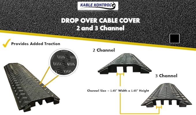 Kable Kontrol Drop Over Floor Cord Cover – 40” Inch Long 3 Channel Cable or Wire Protector – 60 Pcs Bulk Pack - Rubber Ramp for Indoor and Outdoor Use – Black