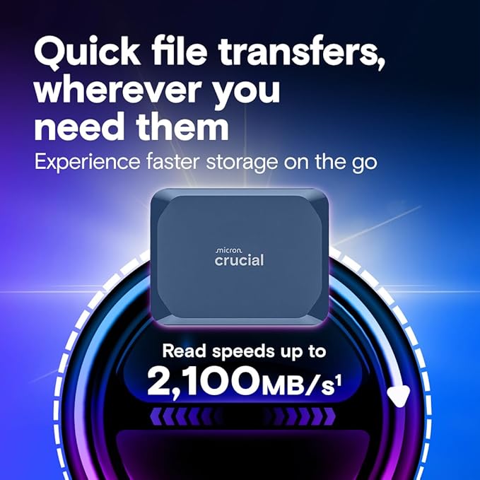 Crucial X10 8TB Portable SSD, Up to 2,100MB/s, USB 3.2 USB-C, External Solid State Drive, Compatible with Windows, Mac & Android, Durable Storage for Games, Photos & Files, Blue - CT8000X10SSD9-02