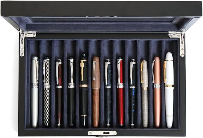 Wooden Pen Display Case – 12 Slot Lockable Fountain Pen Storage Box, Black Collectors Display with Glass Top, Gift for Men
