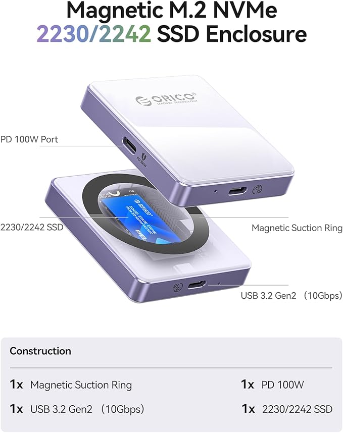 ORICO 10Gbps Magnetic M.2 NVMe SSD Enclosure with PD100W Charging Port 4K ProRes Recording Max 2TB for iPhone 17/16/15 Pro/Pro Max/Plus Support SSD Size 2230/2242 B+M M-Key Diskless AP42P (Green)