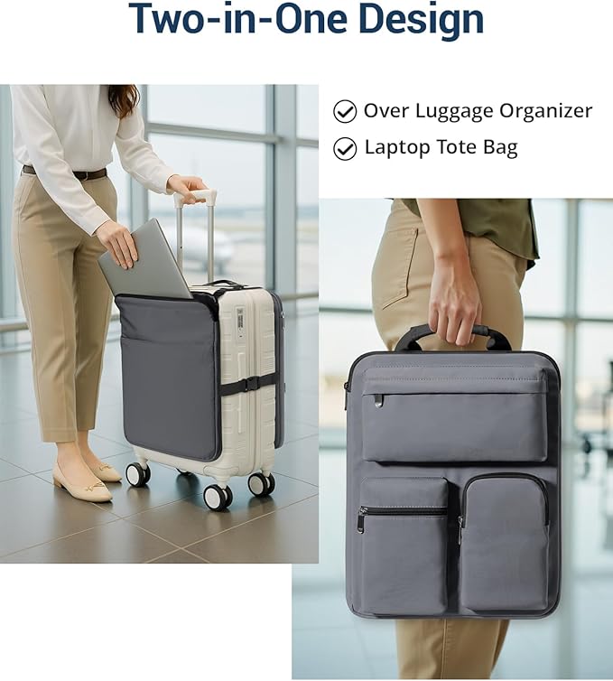 Over Luggage Organizer Bag for Suitcase with Multi Pockets, 16” Laptop Bag with Handle, Portable Travel Organizer Bags for Luggage with Adjustable Straps, Tote Carry Bag for Men Women(Grey)