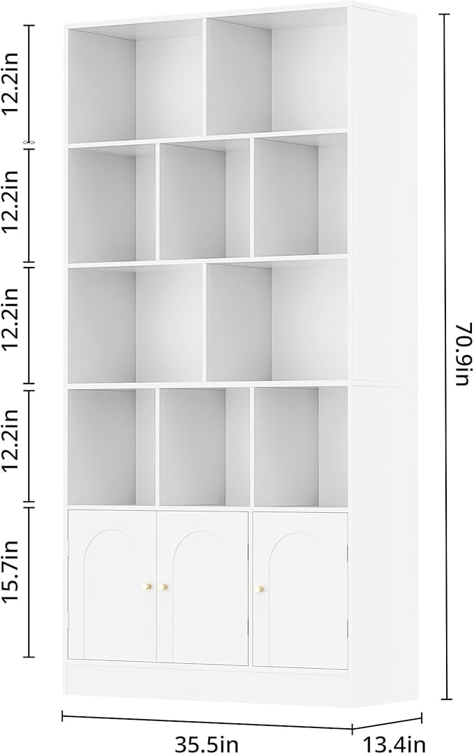 71" Tall Bookshelf with 10 Cubes and 3 Doors, 4-Tier Bookshelf, Open Shelf Bookcase with Cabinet, Modern Cube Storage Organizer for Living Room, and Office, White