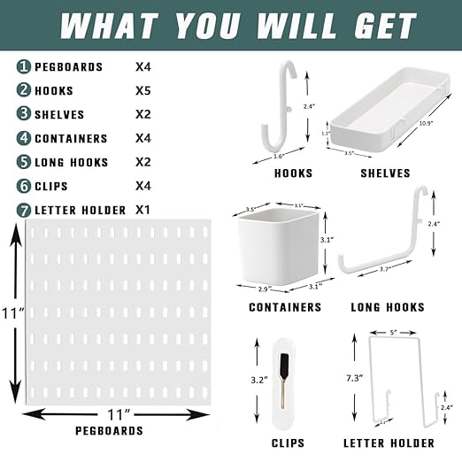 Pegboard Combination Kit for Wall Organizer, Wall Mounted Peg Board Kits for Kitchen, Bedroom, Office, &Bathroom, 4 Pieces White Pegboards and 14 Accessories, 22" x 22"