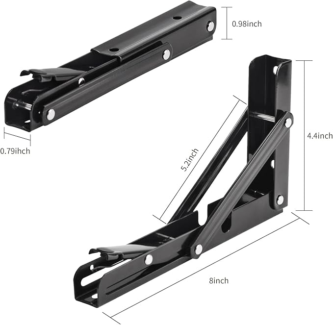 YUMORE Folding Shelf Brackets, 8 Inch Heavy Duty Collapsible Shelf Bracket, Black DIY L Bracket for Workbench Folding Table Hinge, Max Load: 300lb, 2 Pack