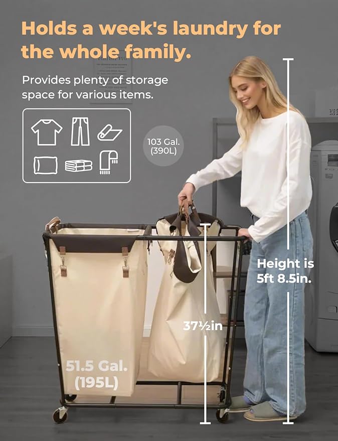 StorageWorks 390L Extra Large Lanudry Hamper with Wheels, Laundry Basket with Wheels 2 Sections, Clothes Sorter Cart with Divider for Hotel, Home, Beige, 1-Pack