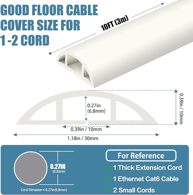 Floor Cord Covers for Wires 10FT Cable Hider Wire Cover Self Adhesive Cord Hider Floor for Offices, Homes, Workshops, Warehouses Cable Cavity 0.39" W x 0.27" H