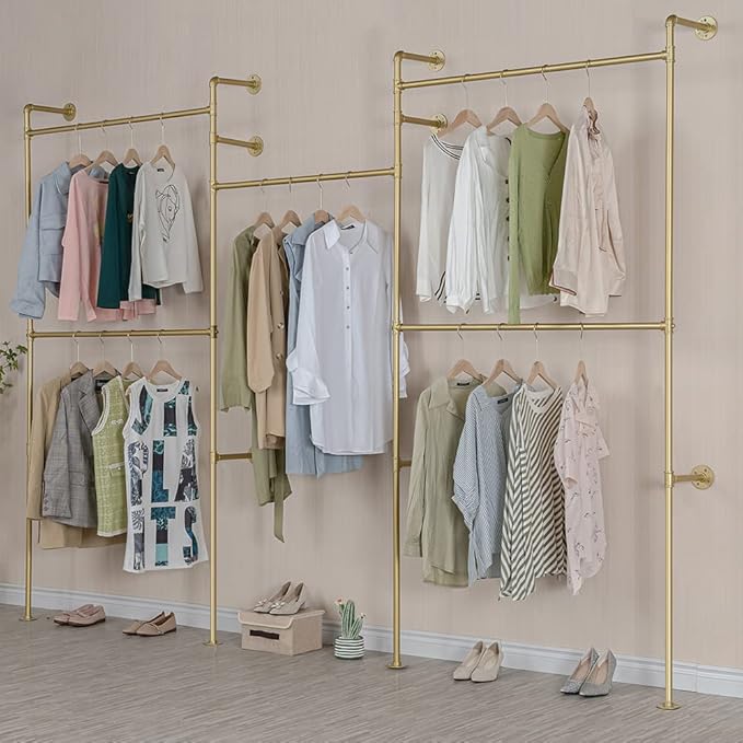 Industrial Pipe Clothing Rack Wall Mounted 5 Hanging Rods Garment Bar, Heavy Duty Closet Storage Rod Vintage Commercial Clothes Racks for Hallway Retail Boutique (Gold)