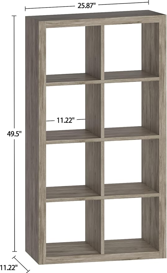 Bookshelf Cube Storage Organizer, 8-Cube Shelf Bookcase with Storage Bin, Modern Wood Open Shelf for Living Room, Bedroom, Home Office, Gray Oak