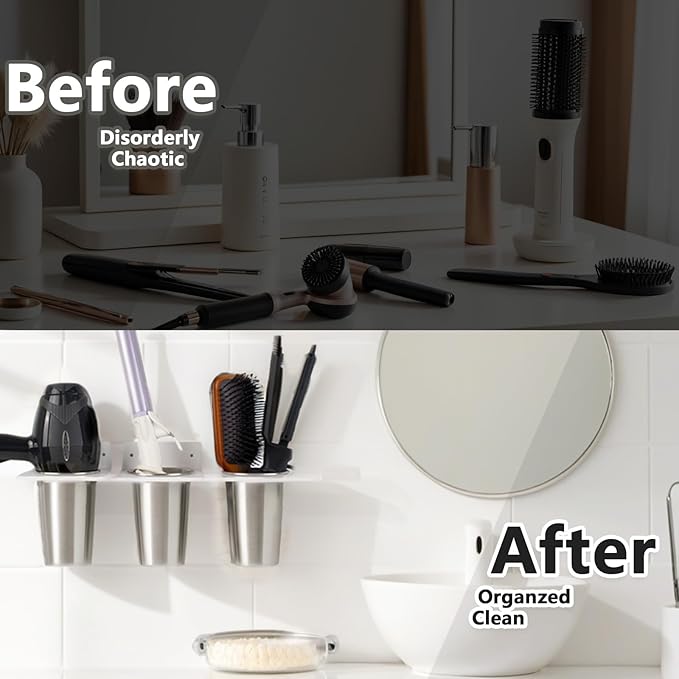 Hair Tool Organizer Wall Mount, White Hair Dryer Holder Acrylic and 3 Cup, Hair Tool Holder for Hair Curling Storage, Curling Iron Organizer, Blow Dryer Storage for Vanity Bathroom