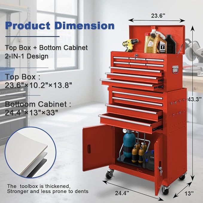 Tool Chest 13-Drawer with Double Door Handle,2 in 1 Detachable Rolling Tool Chests with Wheels and Drawers,Large Tool Box with Lock for Warehouse,Garage (Red)