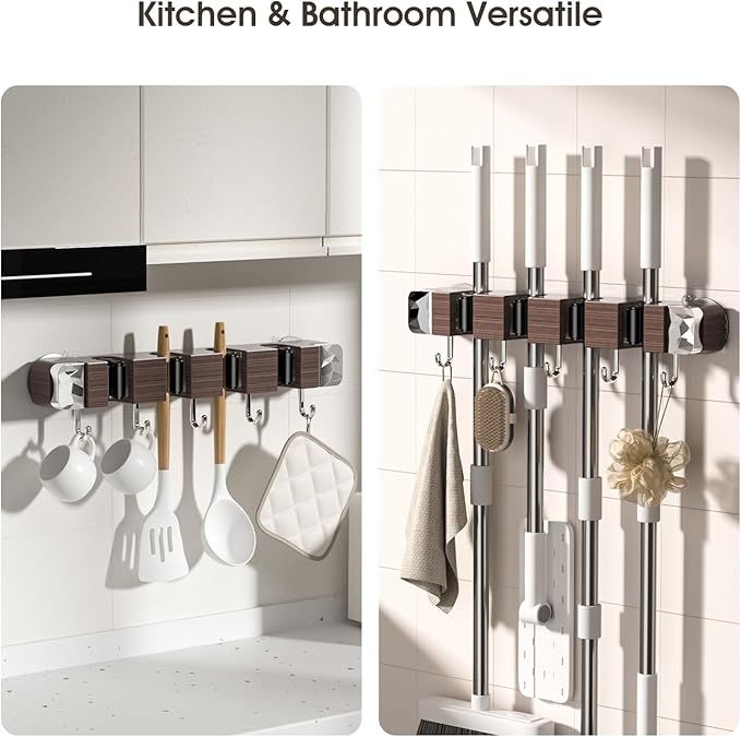 Suction Cup No Drilling Broom Holder Wall Mount, Walnut Color Mop Organizer Wall Hanging, 4 Racks 5 Hooks Tool Organizer Hanger Self Adhesive for Home, Garage, Garden, Laundry, Kitchen