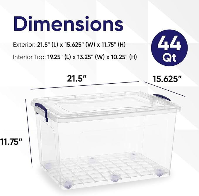 Superio Storage Bins with Lids- Clear Boxes for Organizing, Stackable Plastic Containers- BPA Free, Non-Toxic, Odor Free, Organizer for Home, Office, Dorm (8 Pack, 44 Qt (Wheeled))
