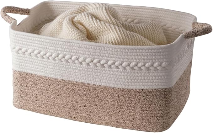 Decorative laundry basket with handles woven from natural cotton rope storage blankets for living room cute boho quilted gift baskets for clothes pillows toys 20"x14"x10",white/brown
