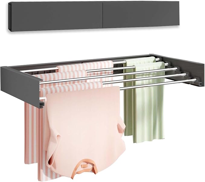 Wall Mounted Clothes Drying Rack 32", Foldable Wall Mount Laundry Rack Folding Indoor, Drying Rack Clothing Collapsible, Hidden Space Saver with Wall Template, 5 Rods, Black