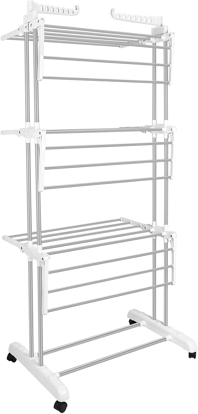 Bigzzia 3 Tier Folding Drying Rack Clothing Clothes Horses Rack Stainless Steel Laundry Drying Rack (Grey White, 4 Tier)