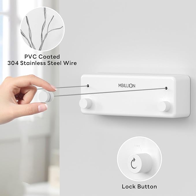 Mbillion Retractable Clothesline 13.8 Ft Stainless Steel Double Clothes line retracting Indoor Heavy Duty Retractable Laundry Line Wall Mounted (Double Line-White)