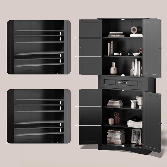 Gizoon 71'' Kitchen Pantry Storage Cabinet, Freestanding Pantry Organizers and Storage Cabinet with 4 Doors and 4 Adjustable Shelves, Tall Cabinet with Large Drawer for Kitchen, Living Room, Bathroom
