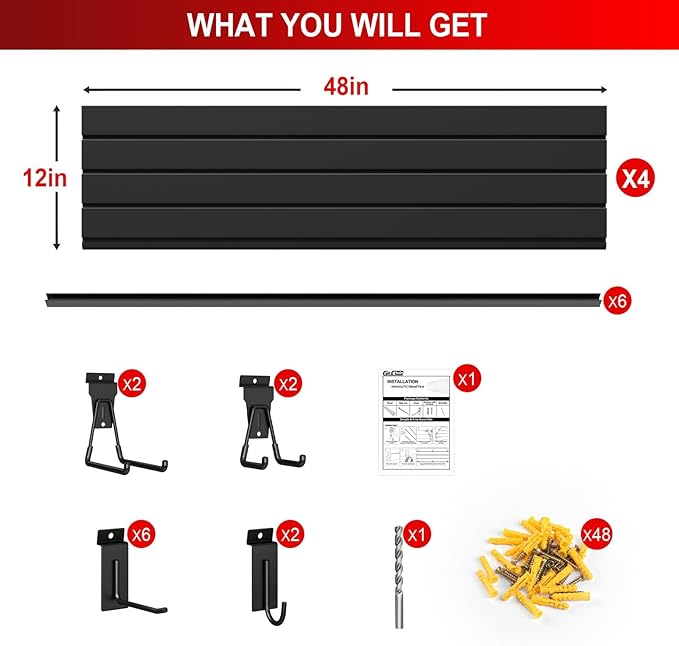 4'H x 4'W Slatwall Panel Garage Wall Organizer with Hooks, Heavy Duty Slat Wall Paneling Sheets, Interlocking PVC Panels, Garage Slatwall for Tool Organization Mounted Storage Systems Black